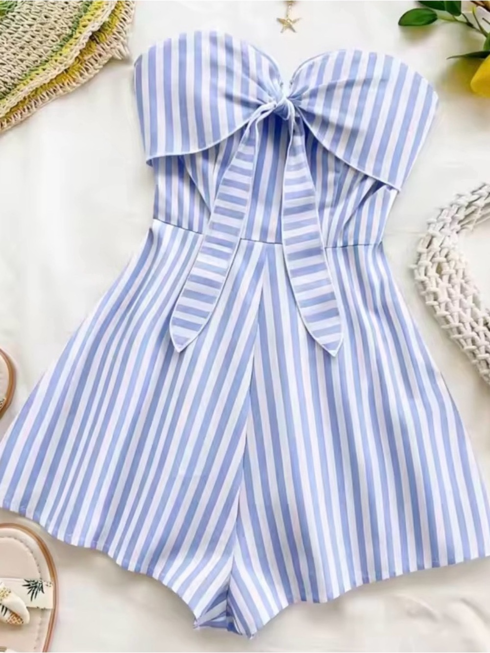 Striped Strapless Bow Romper in Light Blue and White